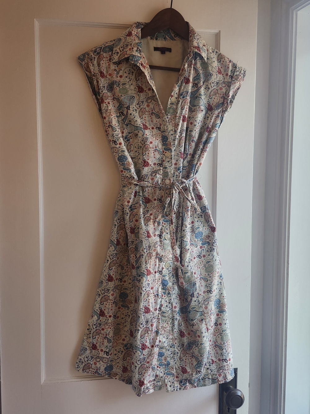 Liberty Art Fabrics Paisley Print Button-Front Shirt Dress in Cream and Blue